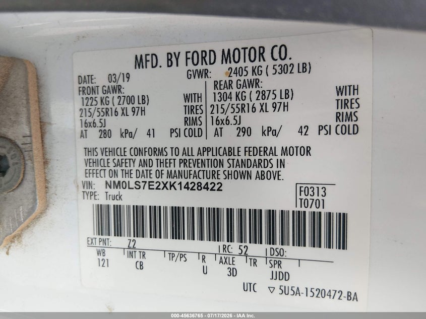 2019 Ford Transit Connect Xl VIN: NM0LS7E2XK1428422 Lot: 45636765