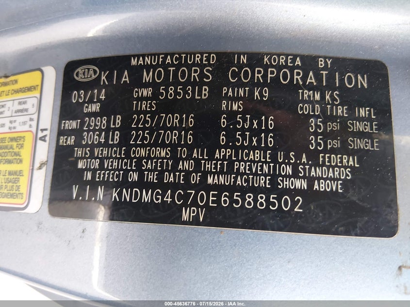 2014 Kia Sedona Lx VIN: KNDMG4C70E6588502 Lot: 45636776