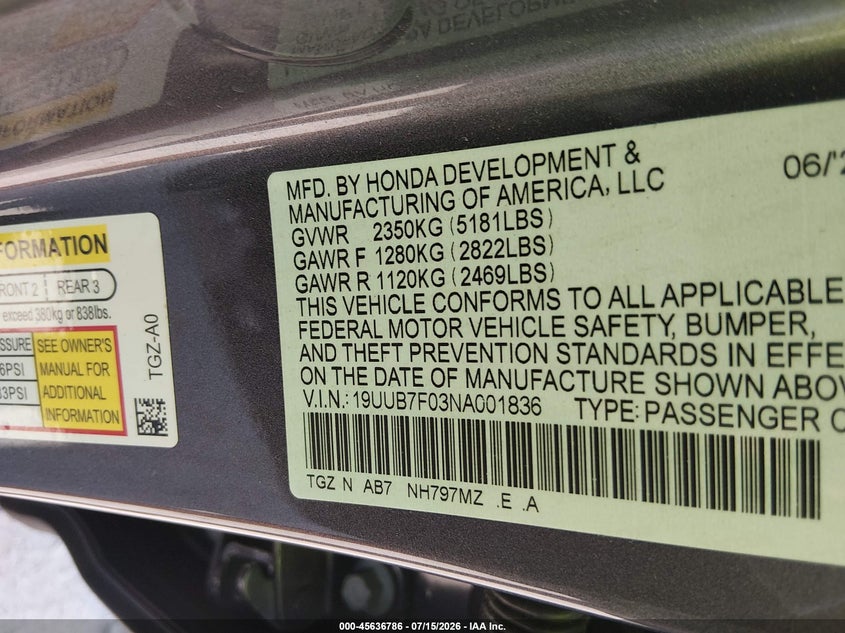 2022 Acura Tlx Type S VIN: 19UUB7F03NA001836 Lot: 45636786