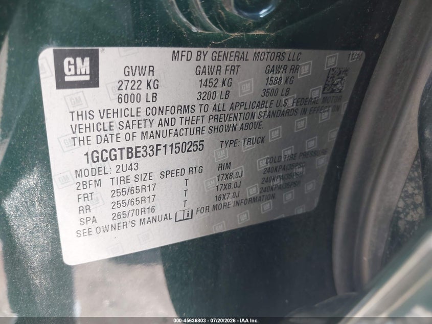 2015 Chevrolet Colorado 4Wd Lt VIN: 1GCGTBE33F1150255 Lot: 45636803