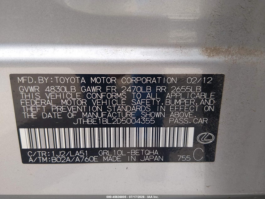 2013 Lexus Gs 350 VIN: JTHBE1BL2D5004355 Lot: 45636805
