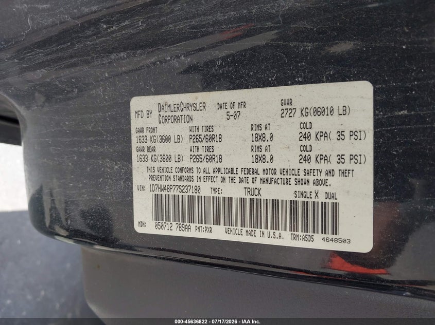 2007 Dodge Dakota Slt VIN: 1D7HW48P77S237180 Lot: 45636822