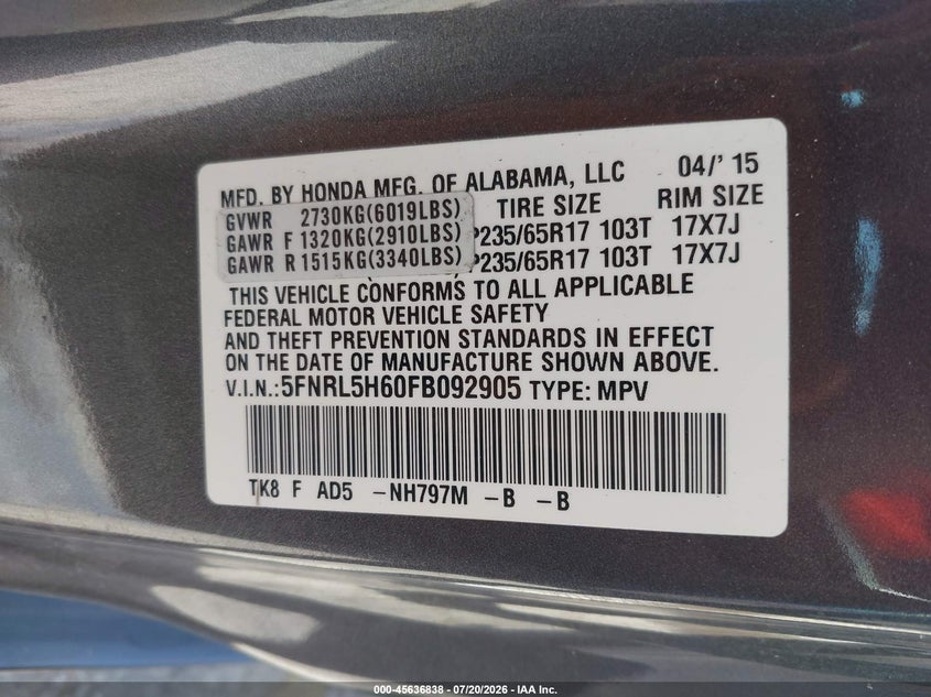 2015 Honda Odyssey Ex-L VIN: 5FNRL5H60FB092905 Lot: 45636838