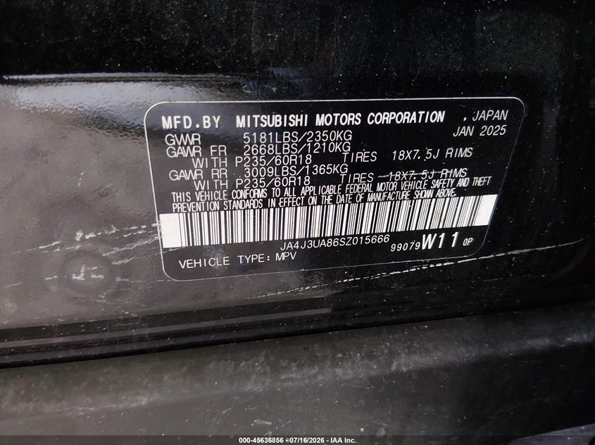 2025 Mitsubishi Outlander Es 2.5 2Wd VIN: JA4J3UA86SZ015666 Lot: 45636856