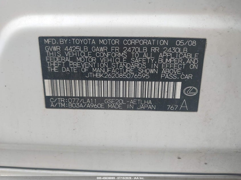 2008 Lexus Is 250 VIN: JTHBK262085076595 Lot: 45636869