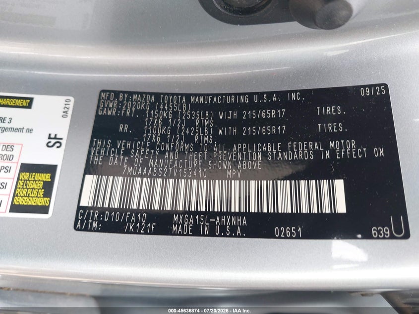 2026 Toyota Corolla Cross L VIN: 7MUAAABG2TV153410 Lot: 45636874