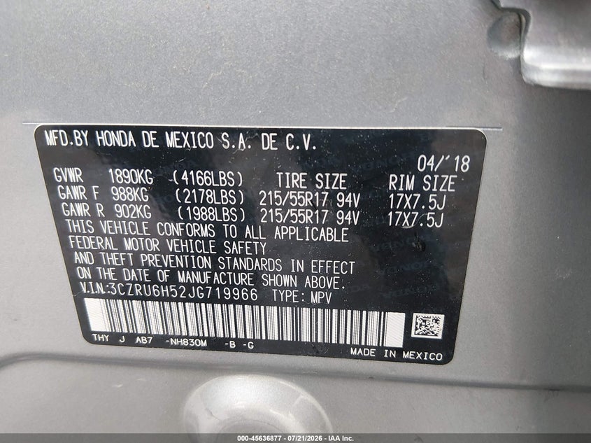 2018 Honda Hr-V Ex VIN: 3CZRU6H52JG719966 Lot: 45636877