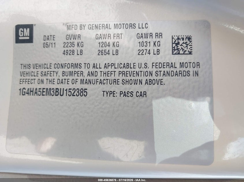 2011 Buick Lucerne Cx VIN: 1G4HA5EM3BU152385 Lot: 45636876