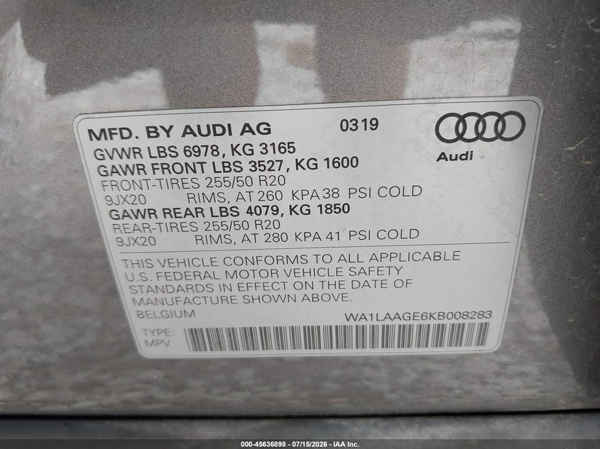 2019 Audi E-Tron Premium Plus VIN: WA1LAAGE6KB008283 Lot: 45636898
