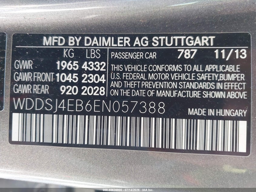 2014 Mercedes-Benz Cla 250 VIN: WDDSJ4EB6EN057388 Lot: 45636905