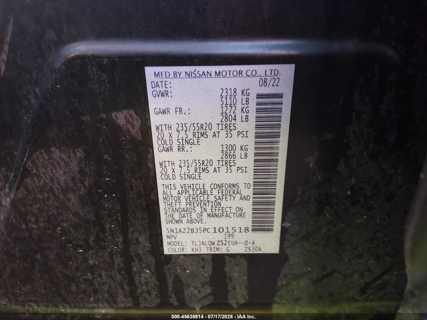 2023 Nissan Murano Sv Fwd VIN: 5N1AZ2BJ5PC101518 Lot: 45636914