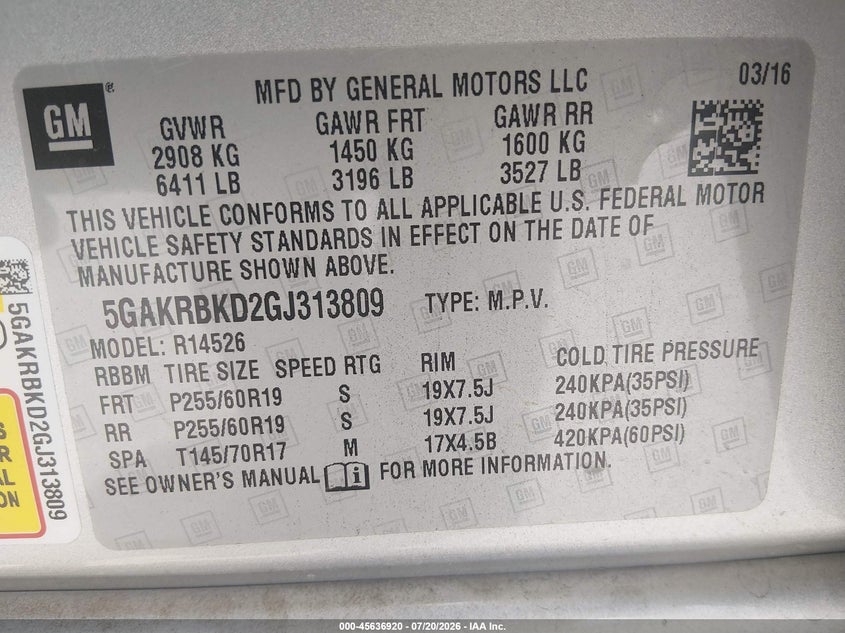 2016 Buick Enclave Leather VIN: 5GAKRBKD2GJ313809 Lot: 45636920