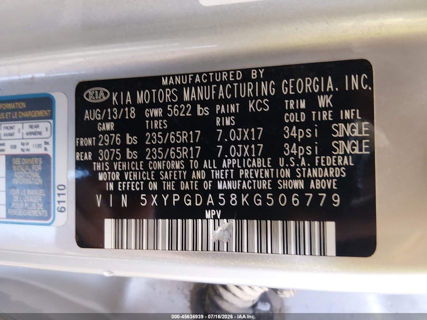 2019 Kia Sorento 3.3L Lx VIN: 5XYPGDA58KG506779 Lot: 45636939
