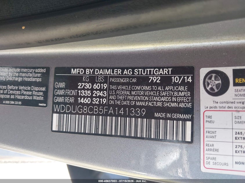 2015 Mercedes-Benz S 550 VIN: WDDUG8CB5FA141339 Lot: 45637003
