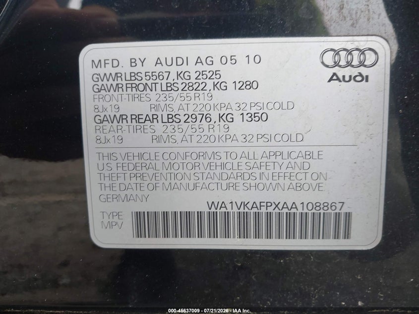 2010 Audi Q5 3.2 Premium VIN: WA1VKAFPXAA108867 Lot: 45637009