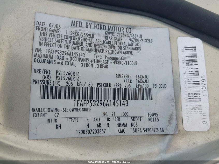 2006 Ford Taurus Se VIN: 1FAFP53296A145143 Lot: 45637016