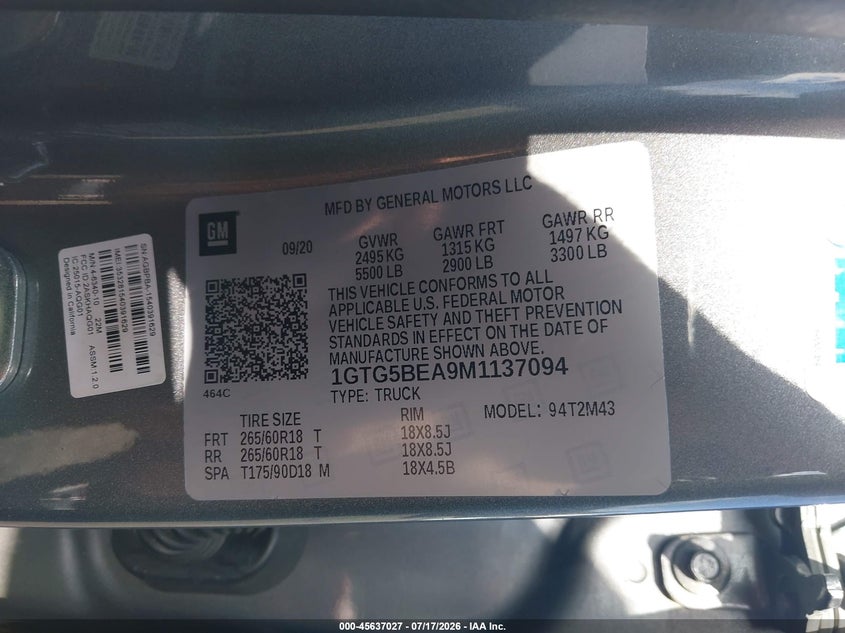 2021 GMC Canyon 2Wd Short Box Elevation Standard VIN: 1GTG5BEA9M1137094 Lot: 45637027