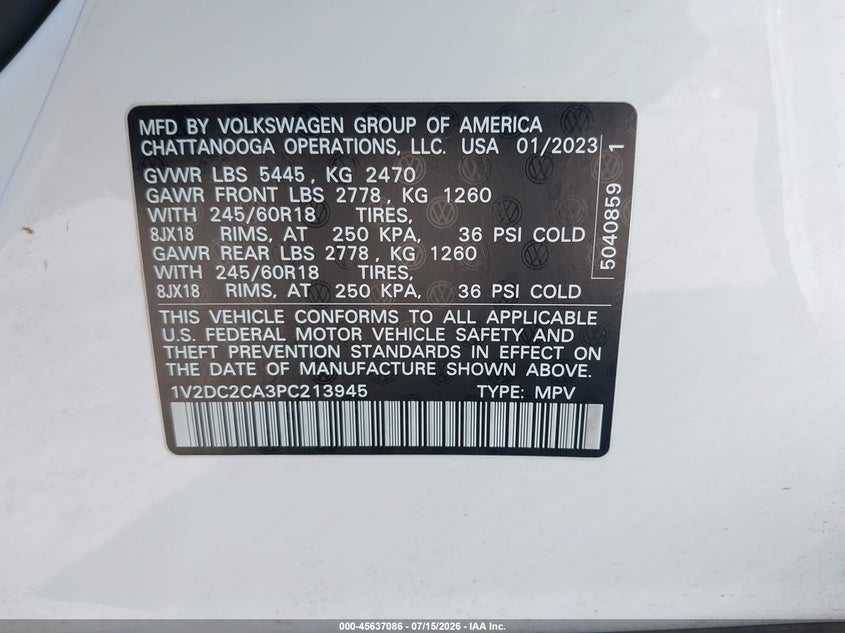 2023 Volkswagen Atlas Cross Sport 2.0T Se VIN: 1V2DC2CA3PC213945 Lot: 45637086