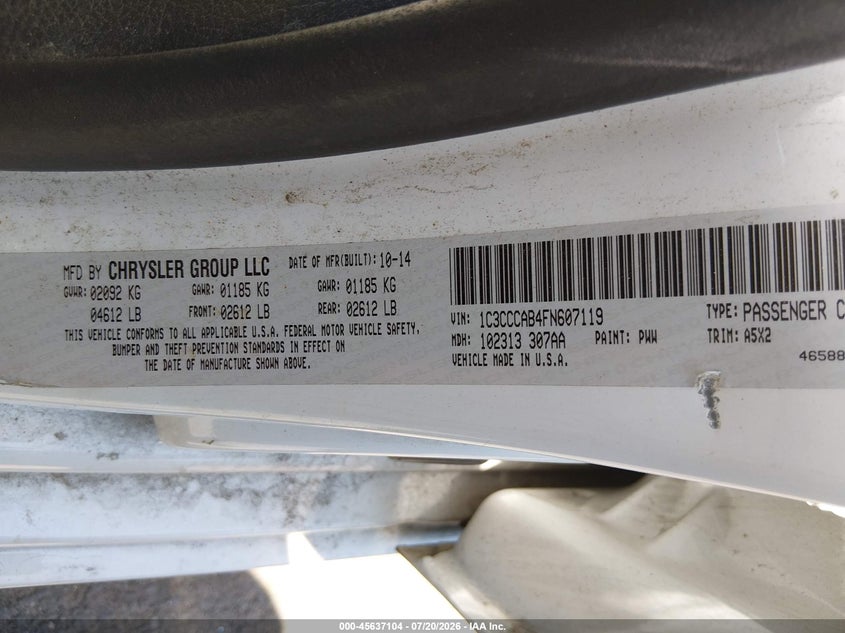 2015 Chrysler 200 Limited VIN: 1C3CCCAB4FN607119 Lot: 45637104