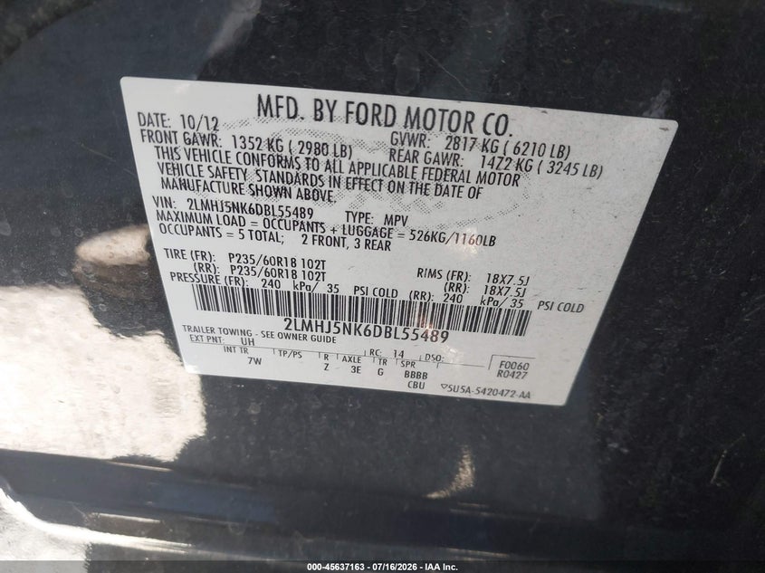 2013 Lincoln Mkt Livery VIN: 2LMHJ5NK6DBL55489 Lot: 45637163