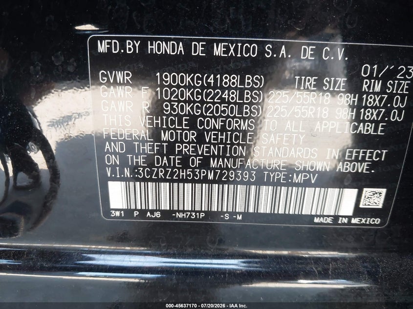 2023 Honda Hr-V Awd Sport VIN: 3CZRZ2H53PM729393 Lot: 45637170