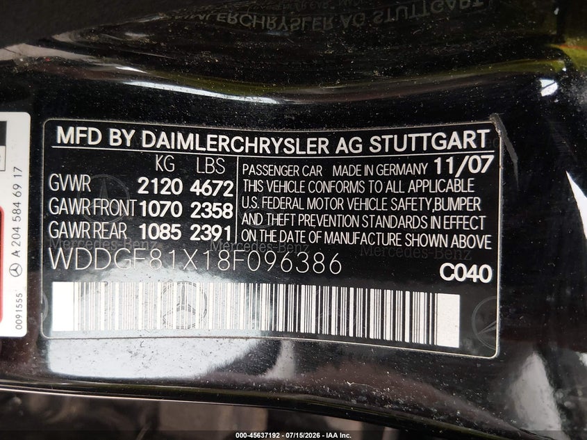 2008 Mercedes-Benz C 300 Sport 4Matic VIN: WDDGF81X18F096386 Lot: 45637192