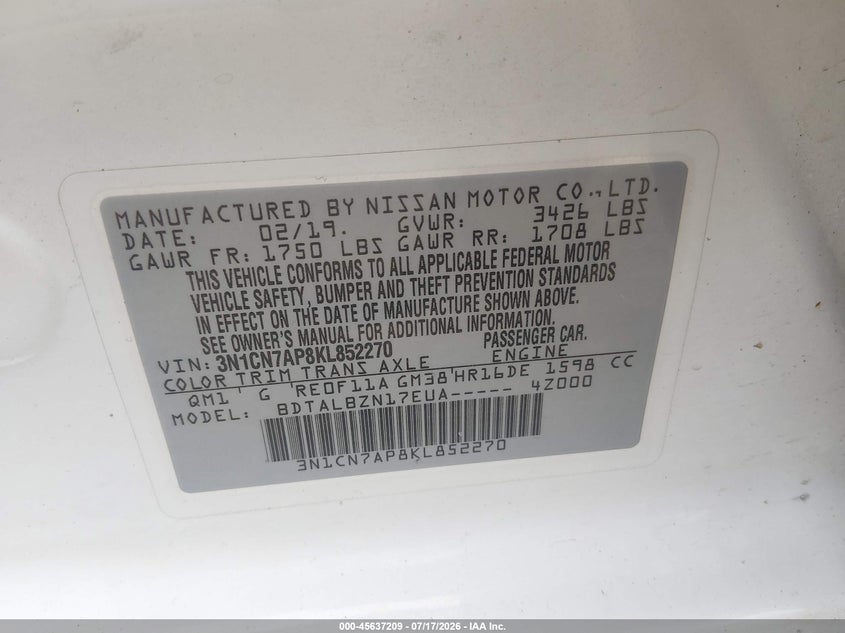 2019 Nissan Versa 1.6 Sv VIN: 3N1CN7AP8KL852270 Lot: 45637209