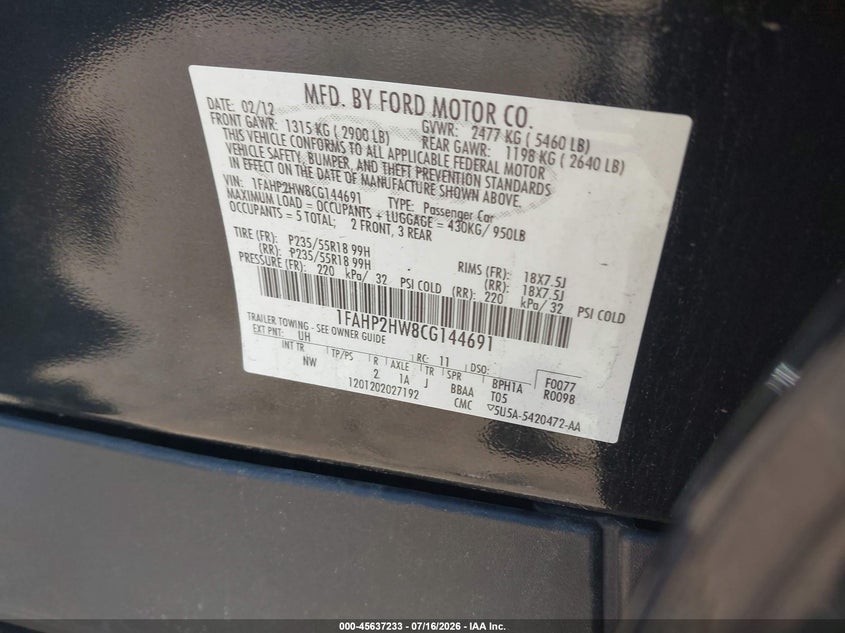 2012 Ford Taurus Sel VIN: 1FAHP2HW8CG144691 Lot: 45637233