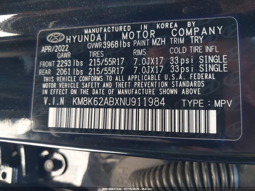 2022 Hyundai Kona Sel VIN: KM8K62ABXNU911984 Lot: 45637244