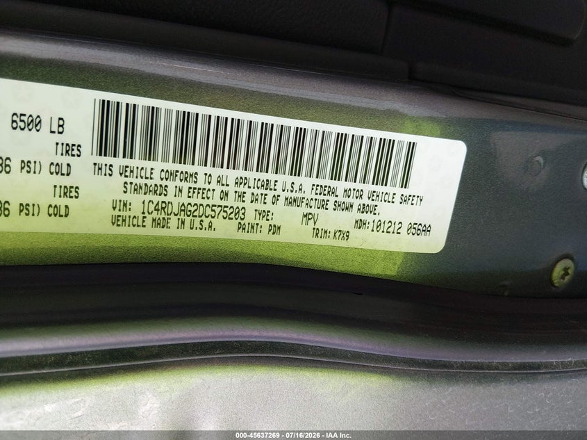 2013 Dodge Durango Sxt VIN: 1C4RDJAG2DC575203 Lot: 45637269