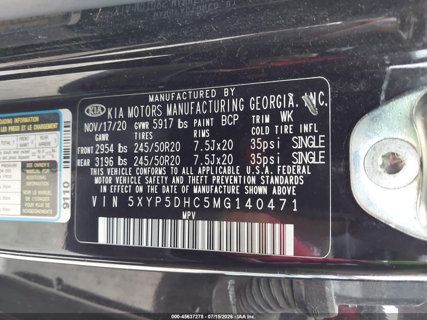 2021 Kia Telluride Sx VIN: 5XYP5DHC5MG140471 Lot: 45637278