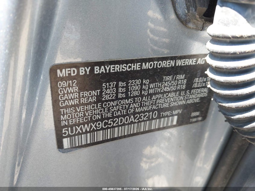 2013 BMW X3 xDrive28I VIN: 5UXWX9C52D0A23210 Lot: 45637285