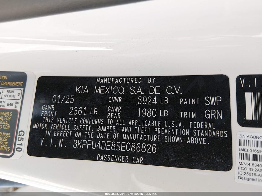 2025 Kia K4 Ex VIN: 3KPFU4DE8SE086826 Lot: 45637291