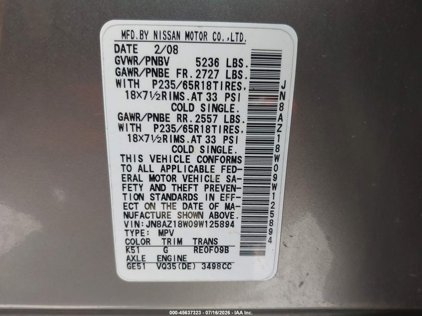 2009 Nissan Murano Sl VIN: JN8AZ18W09W125894 Lot: 45637323