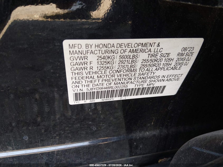 2024 Acura Mdx Technology Package VIN: 5J8YD9H48RL002255 Lot: 45637329
