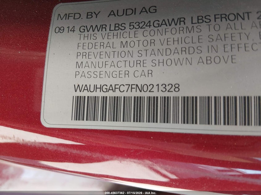2015 Audi A6 3.0T Premium Plus VIN: WAUHGAFC7FN021328 Lot: 45637362