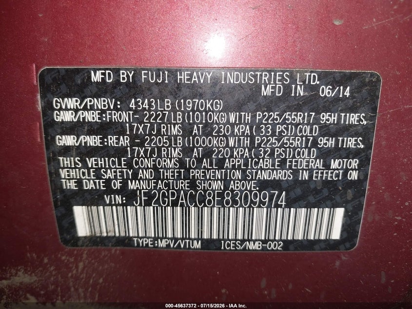 2014 SUBARU XV SPORT UTILITY VEHICLE 2.0L H-4 DOHC, VVT, 148HP