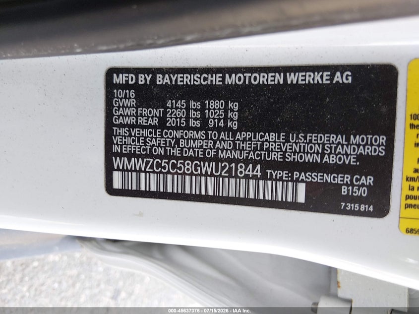 2016 Mini Countryman Cooper S VIN: WMWZC5C58GWU21844 Lot: 45637376