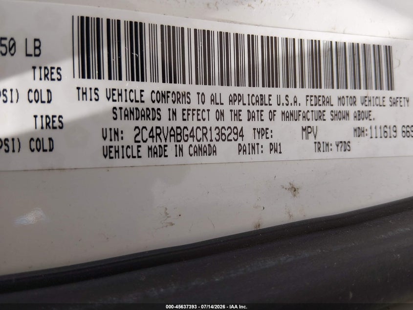 2012 Volkswagen Routan Se VIN: 2C4RVABG4CR136294 Lot: 45637393