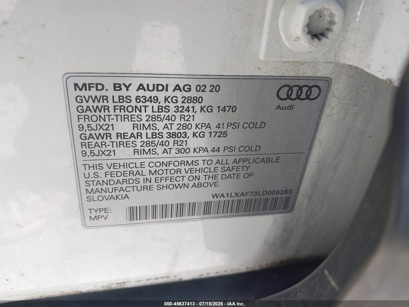 2020 Audi Q7 Premium Plus 55 Tfsi Quattro Tiptronic VIN: WA1LXAF73LD005283 Lot: 45637413