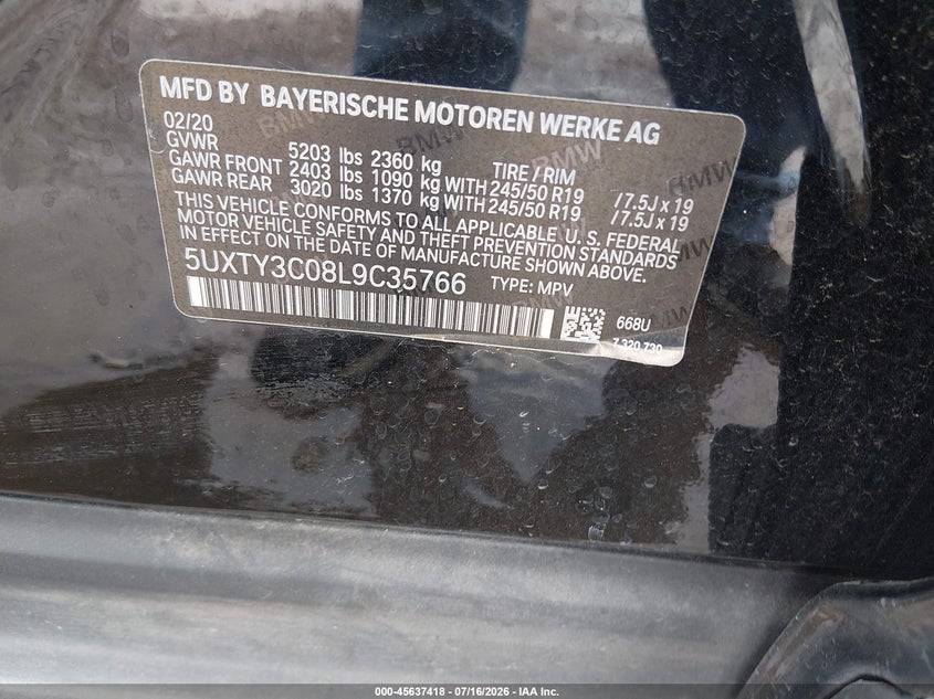 2020 BMW X3 Sdrive30I VIN: 5UXTY3C08L9C35766 Lot: 45637418