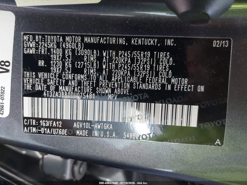 2013 Toyota Venza Le VIN: 4T3ZA3BB0DU075481 Lot: 45637446