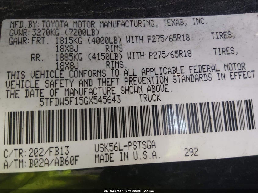 2016 Toyota Tundra Sr5 5.7L V8 VIN: 5TFDW5F15GX545643 Lot: 45637447
