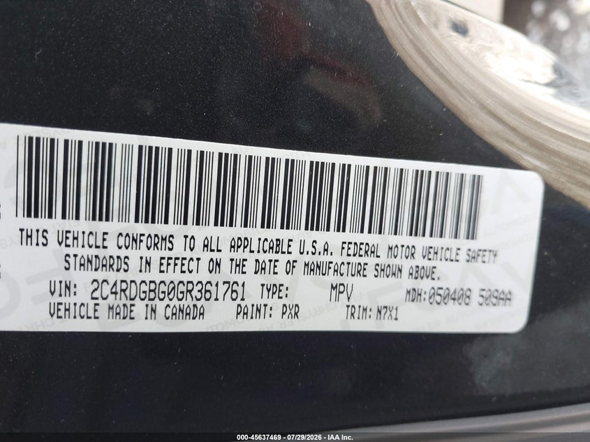 DODGE GRAND CARAVAN 2016 VIN 2C4RDGBG0GR361761