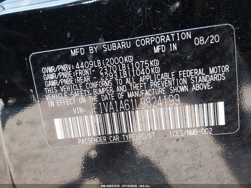 2020 Subaru Wrx VIN: JF1VA1A61L9824199 Lot: 45637479