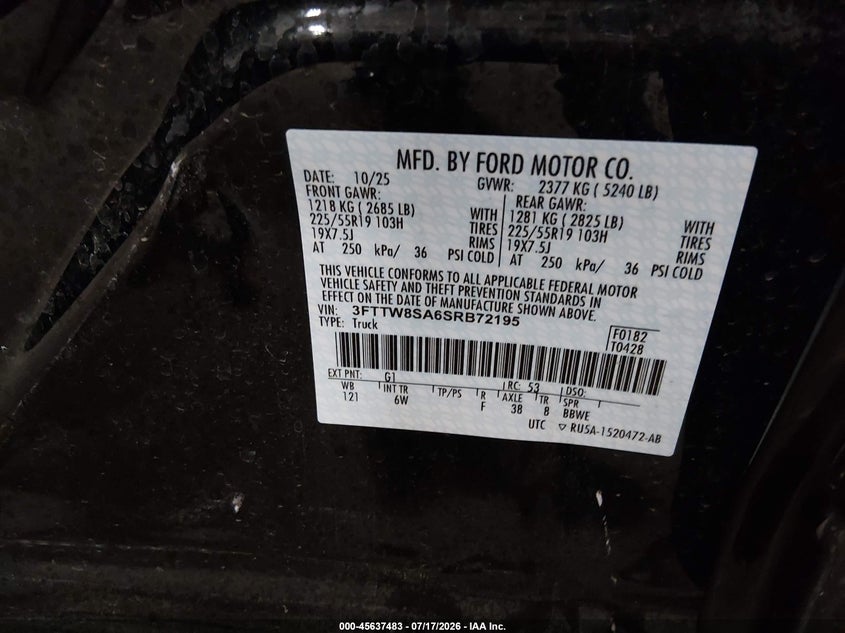2025 Ford Maverick Lariat VIN: 3FTTW8SA6SRB72195 Lot: 45637483