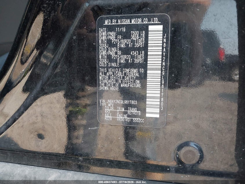 2020 Nissan Armada Sl 4Wd VIN: JN8AY2NC9L9617803 Lot: 45637493