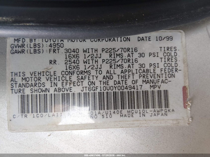 2000 Lexus Rx 300 VIN: JT6GF10U0Y0049417 Lot: 45637496