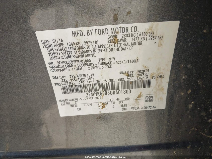 2016 Ford Flex Sel VIN: 2FMHK6C85GBA01800 Lot: 45637506