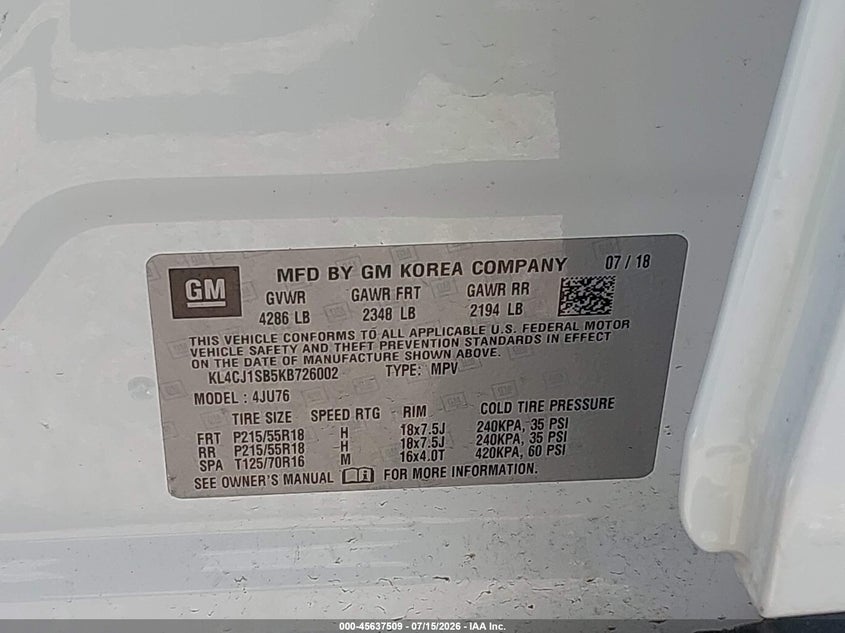 2019 Buick Encore Fwd Sport Touring VIN: KL4CJ1SB5KB726002 Lot: 45637509